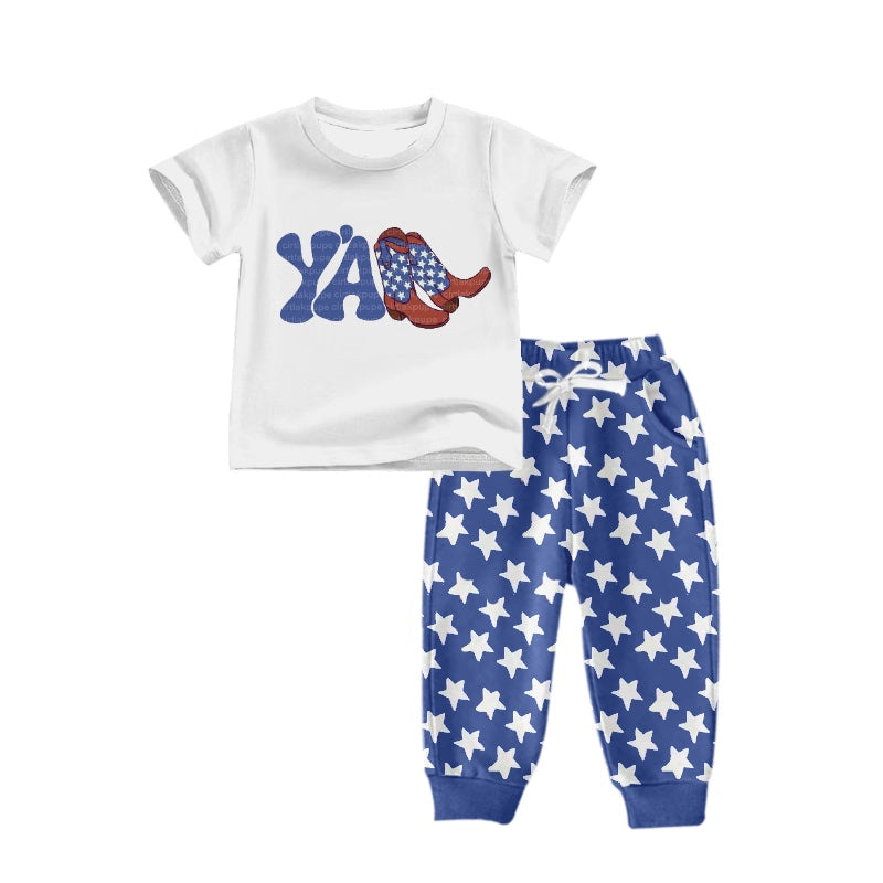 preorder BSPO0212 Yall boot short sleeve blue star pants boys set