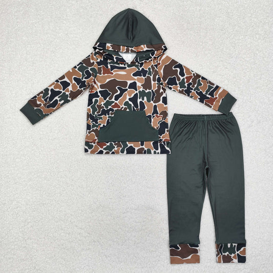 BLP0962 dark green camo pocket long sleeve hoodie pants boys set