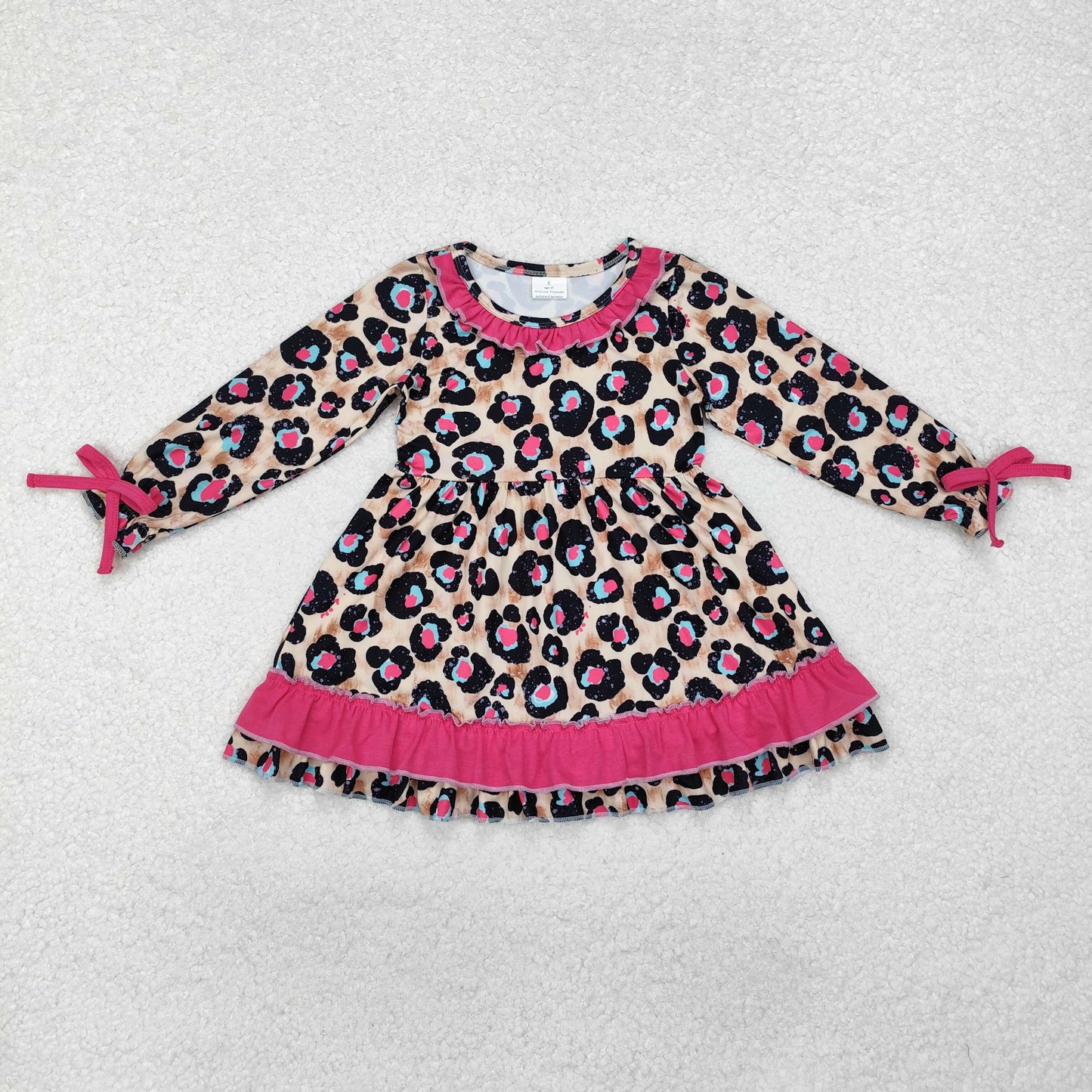 GLD0832 hot pink leopard long sleeve girls dress