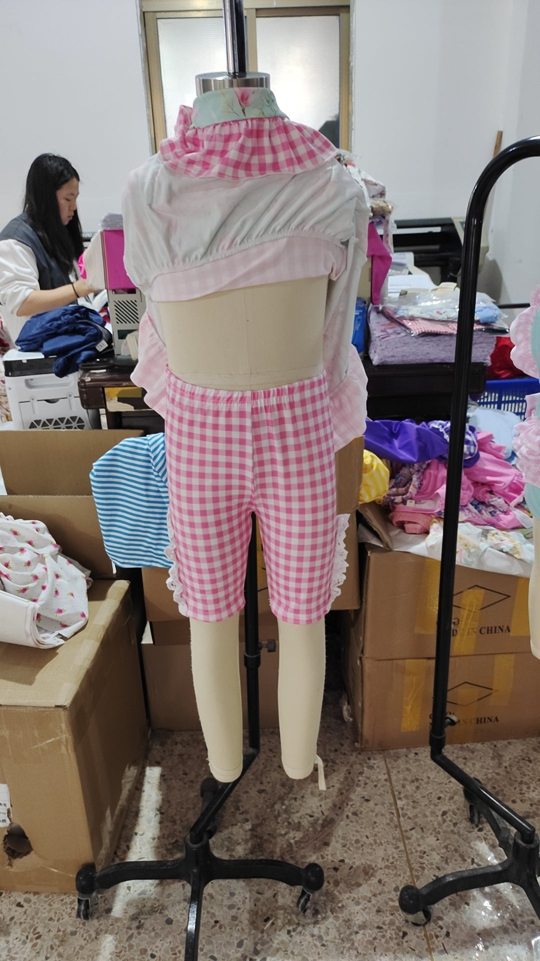 GSSO0851 colorful flowers pink checkered pockets sleeveless pants girls set