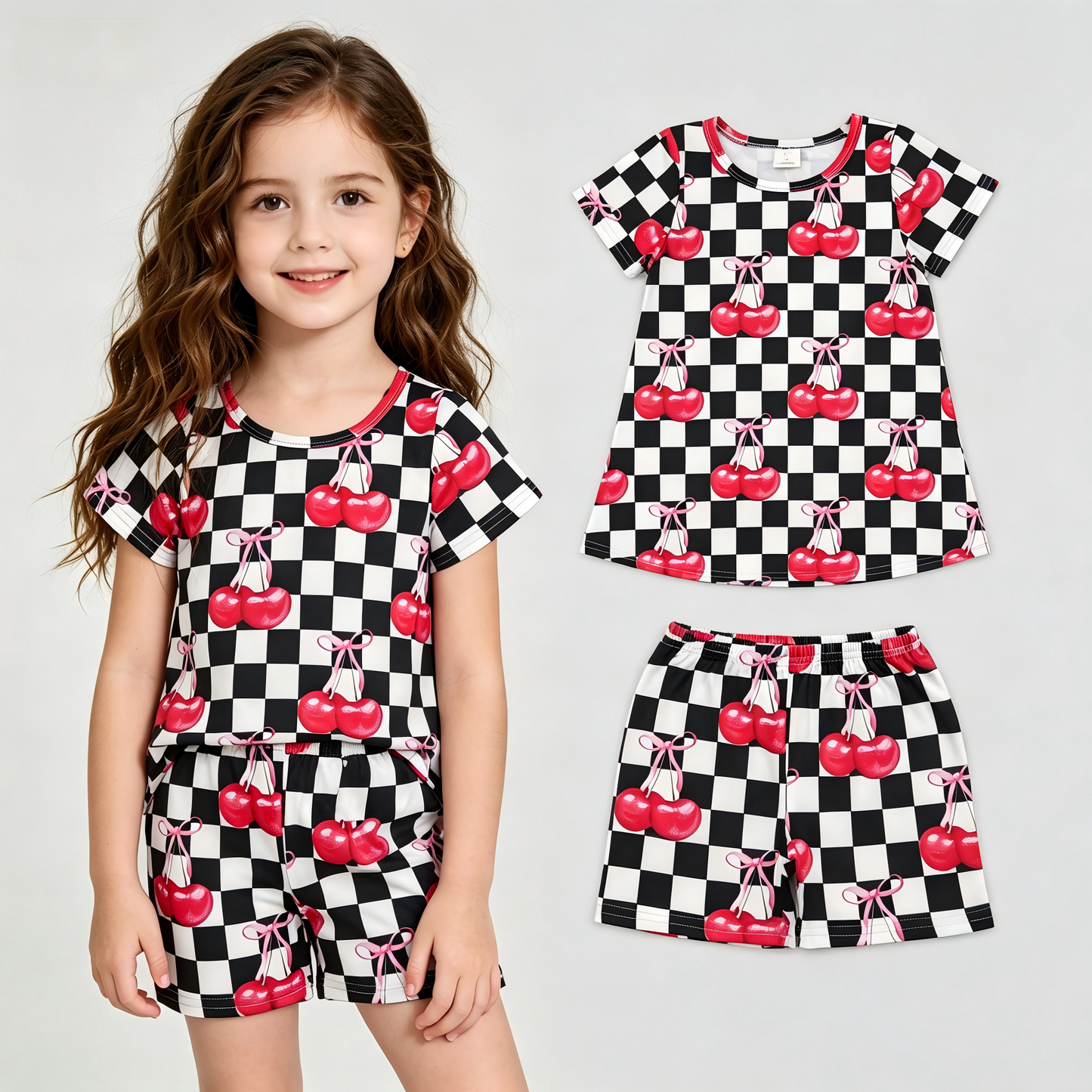 GSSO3075 Cherry Black Checkered Short Sleeve Shorts Girls Set