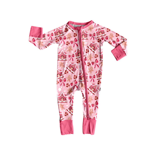 Custom moq 20 bamboo Christmas gingerbread man bows pink zipper long sleeve girls romper