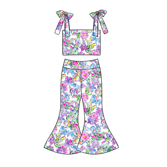 custom (moq 5)Baby Girls Cartoon Colorful Flowers Straps Top Bell Pants Clothes Sets