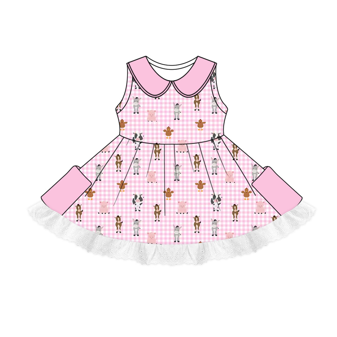 custom (moq 5)Baby Girls Farm Pink Checkered Cows Pockets Twirl Dresses