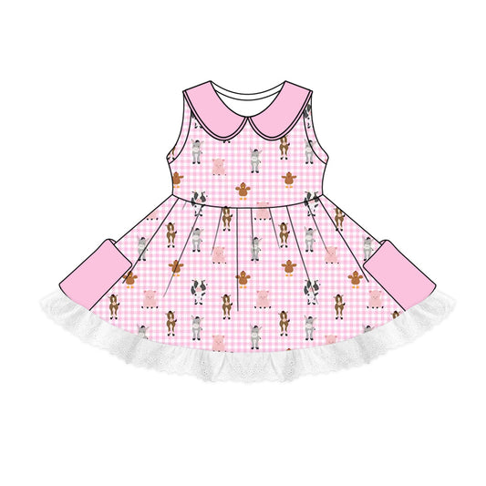 custom (moq 5)Baby Girls Farm Pink Checkered Cows Pockets Twirl Dresses