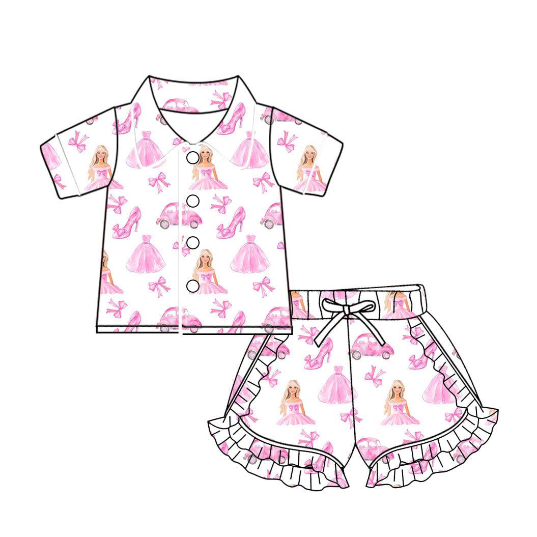Preorder GSSO1503 cartoon BA hot pink bows short sleeve shorts girls pajamas