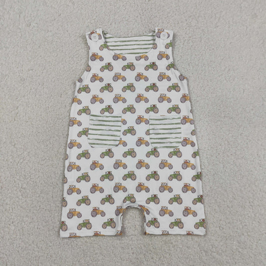 SR1586 farm tractor pockets green striped sleeveless boys romper