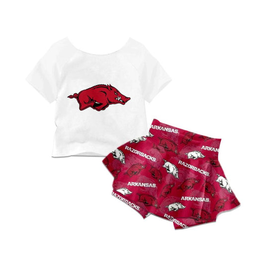 custom style Arkansas white short sleeve red short skirts girls set moq 3