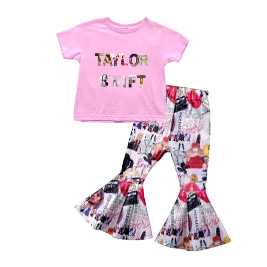 preorder GSPO1438 TS country singer pink short sleeve pants girls set
