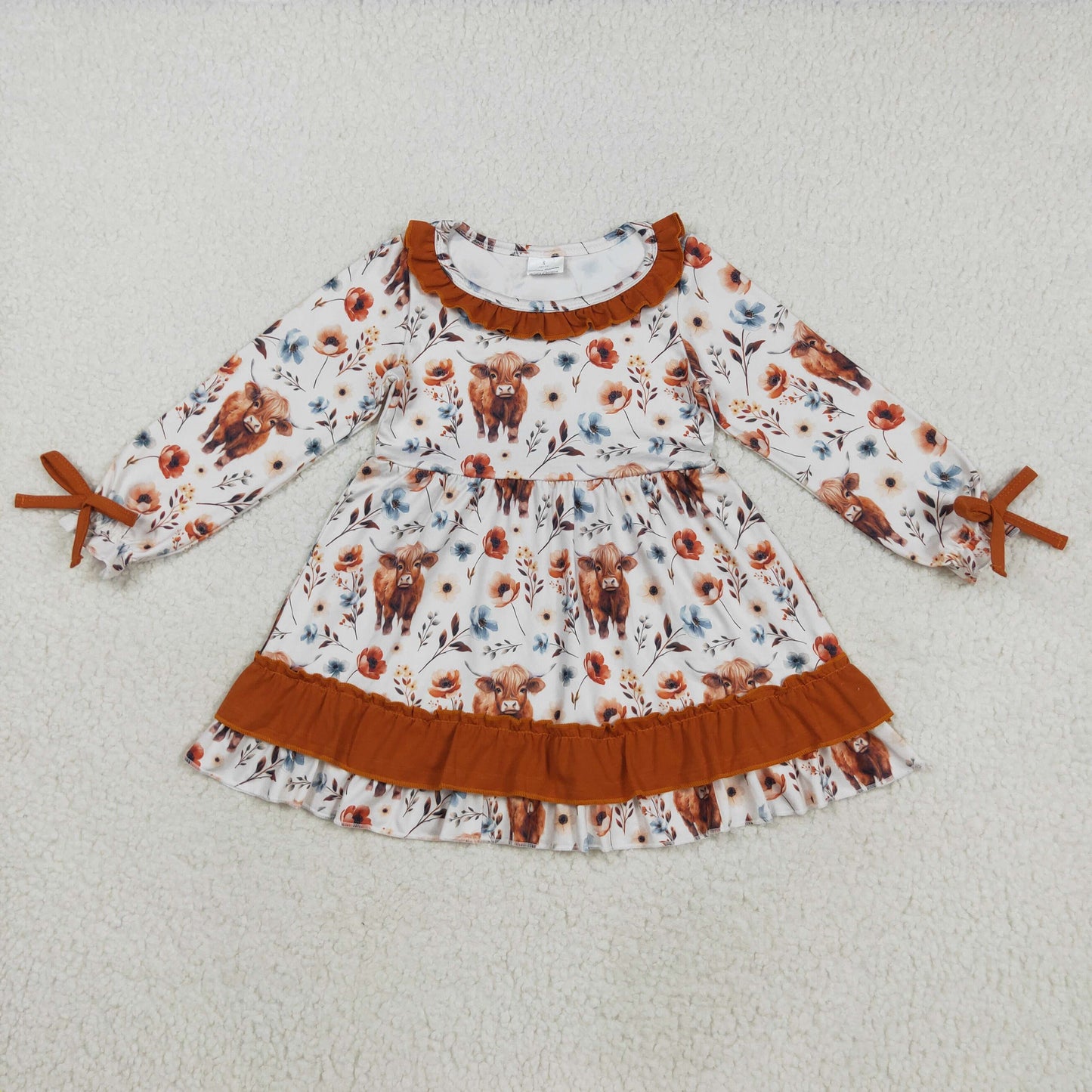 GLD0784 highland cow flowers brown long sleeve girls dress