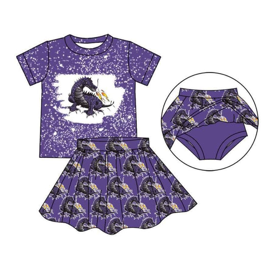 custom football team dinosaur purple short sleeve skirt girls 2pcs set