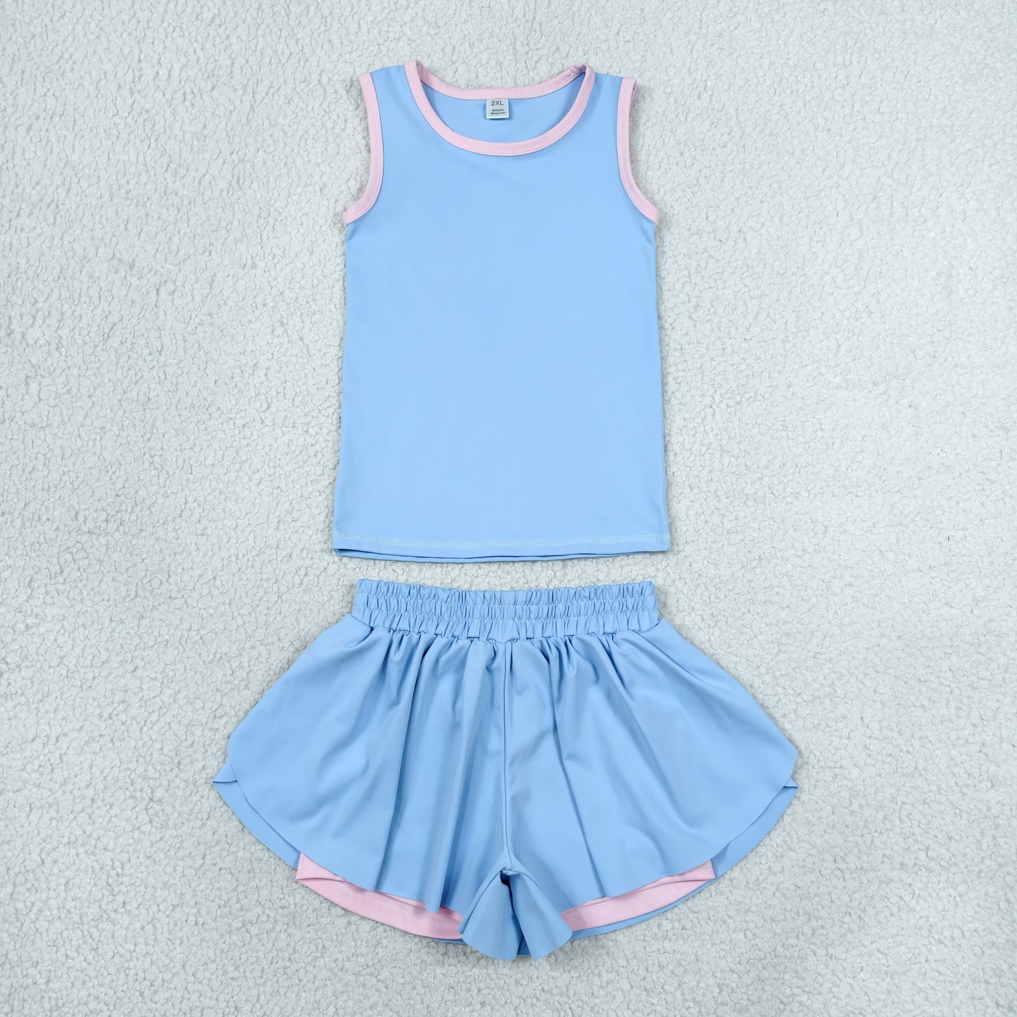 GSSO3527 Yoga Solid Color Blue Sleeveless Shorts Girls Set