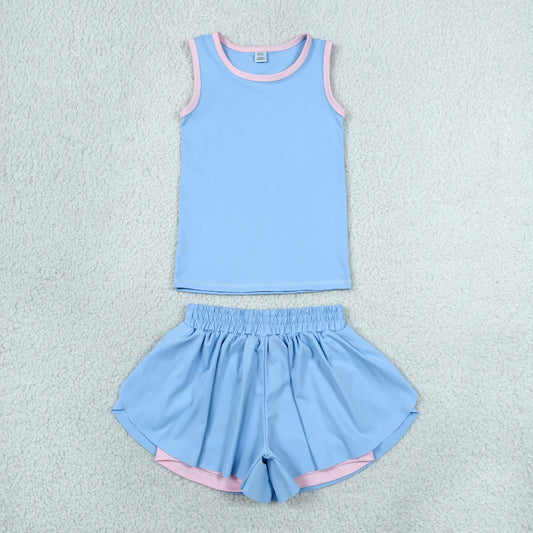 GSSO3527 Yoga Solid Color Blue Sleeveless Shorts Girls Set