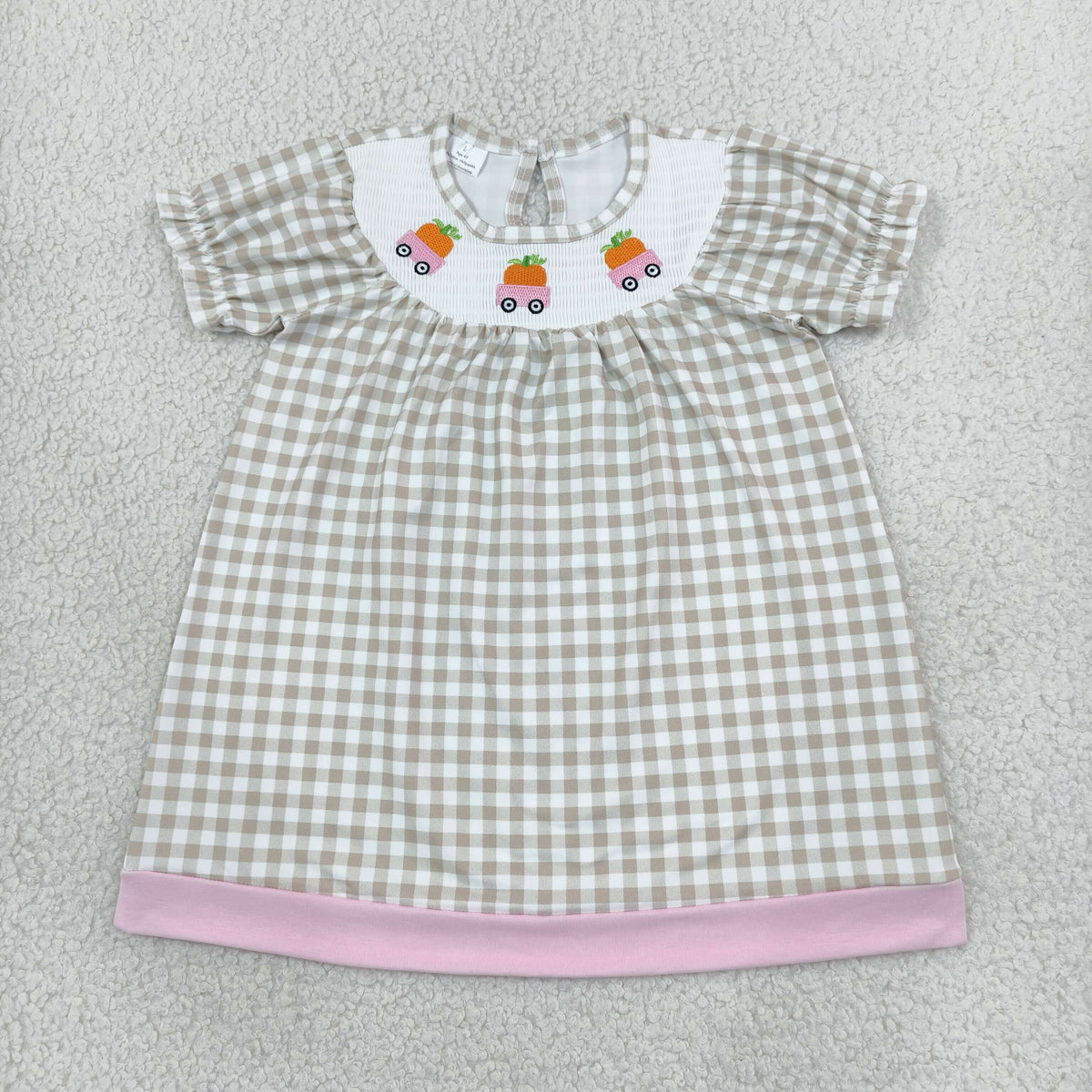 GSD4258 Smocked Embroidery Pumpkin Checkered Short Sleeve Girls Dress
