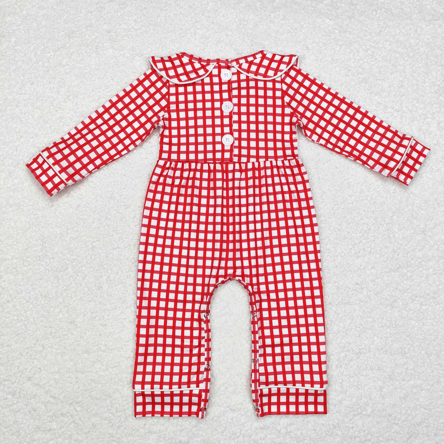 embroidery LR1263 Christmas Santa red checkered long sleeve girls romper