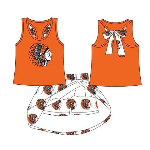 Custom Moq 5 football team orange sleeveless skirt skorts girls set