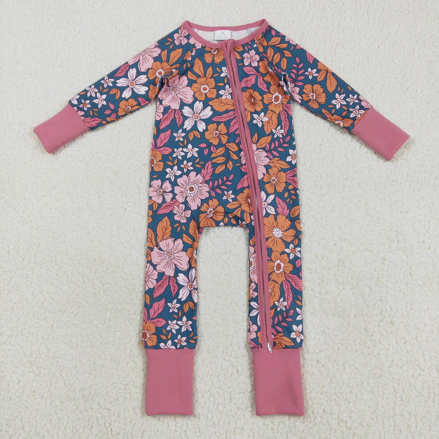 Custom moq 20 bamboo colorful flowers pink zipper long sleeve girls romper