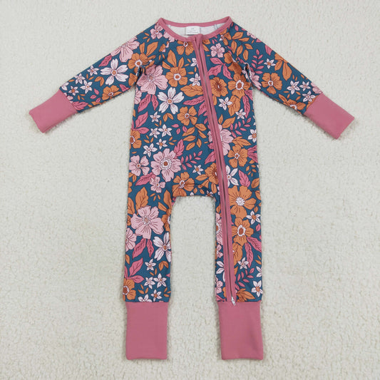 Custom moq 20 bamboo colorful flowers pink zipper long sleeve girls romper
