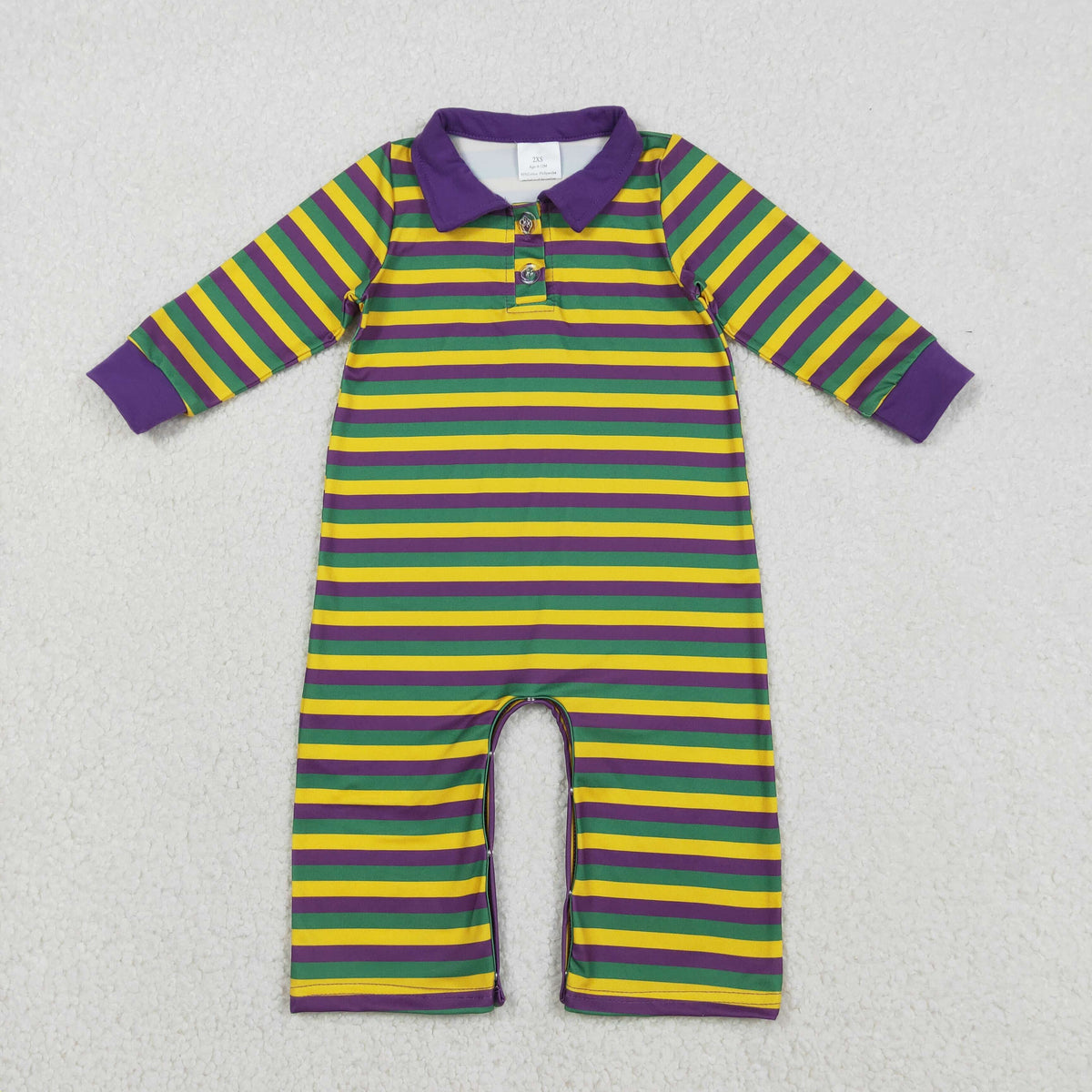 LR2679 Mardi Gras yellow green purple striped long sleeve boys romper