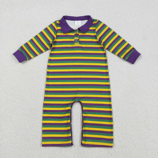 LR2679 Mardi Gras yellow green purple striped long sleeve boys romper