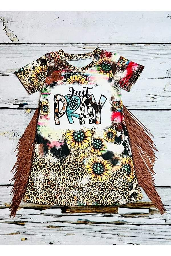 custom Pray Sunflowers Leopard Tassels Short Sleeves Girls Dress
