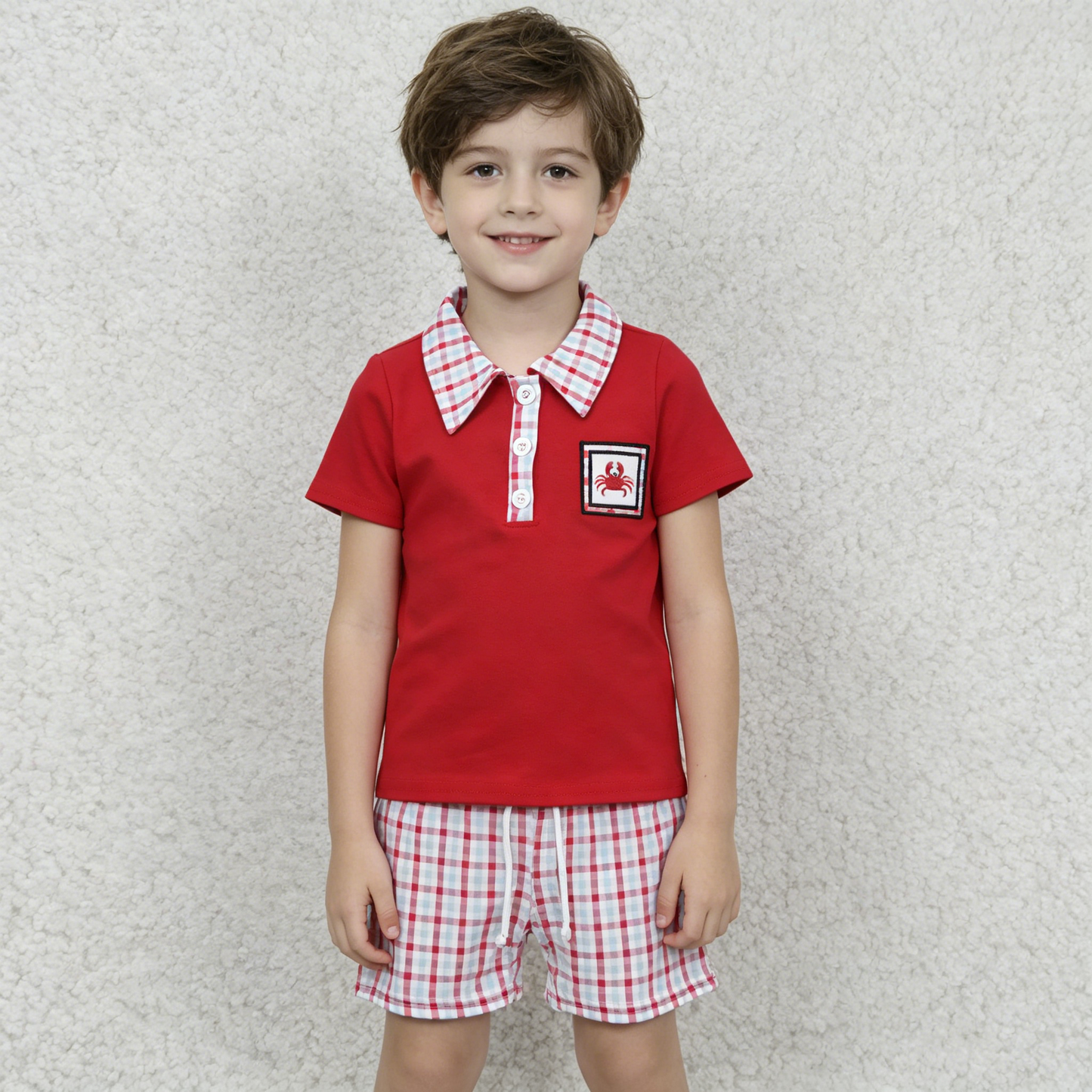 BSSO0106 Red Crab Summer Embroidery Short Sleeve Boys Set