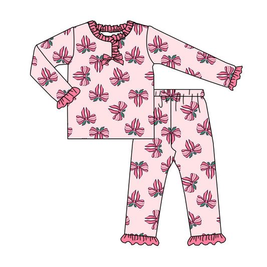 Custom moq 20 bamboo Christmas holly berry bows pink long sleeve pants girls pajamas
