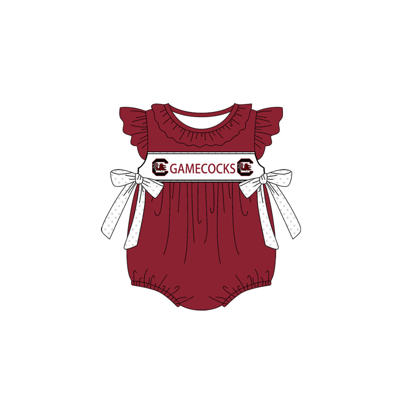 Custom Moq 3 Football Team Game Cocks Maroon Flutter Sleeve Bows Girls Romper