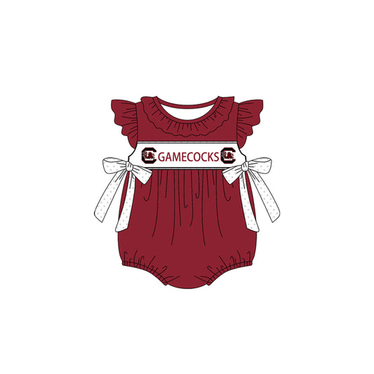 Custom Moq 3 Football Team Game Cocks Maroon Flutter Sleeve Bows Girls Romper