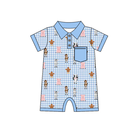 custom(moq 5)Baby Infant Boys Farm Checkered Cows Pocket Rompers