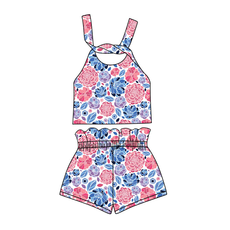 custom (moq 5)Baby Girls 4th Of July Flowers Straps Top Shorts Clothes Sets