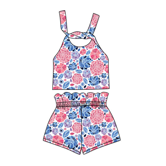 custom (moq 5)Baby Girls 4th Of July Flowers Straps Top Shorts Clothes Sets