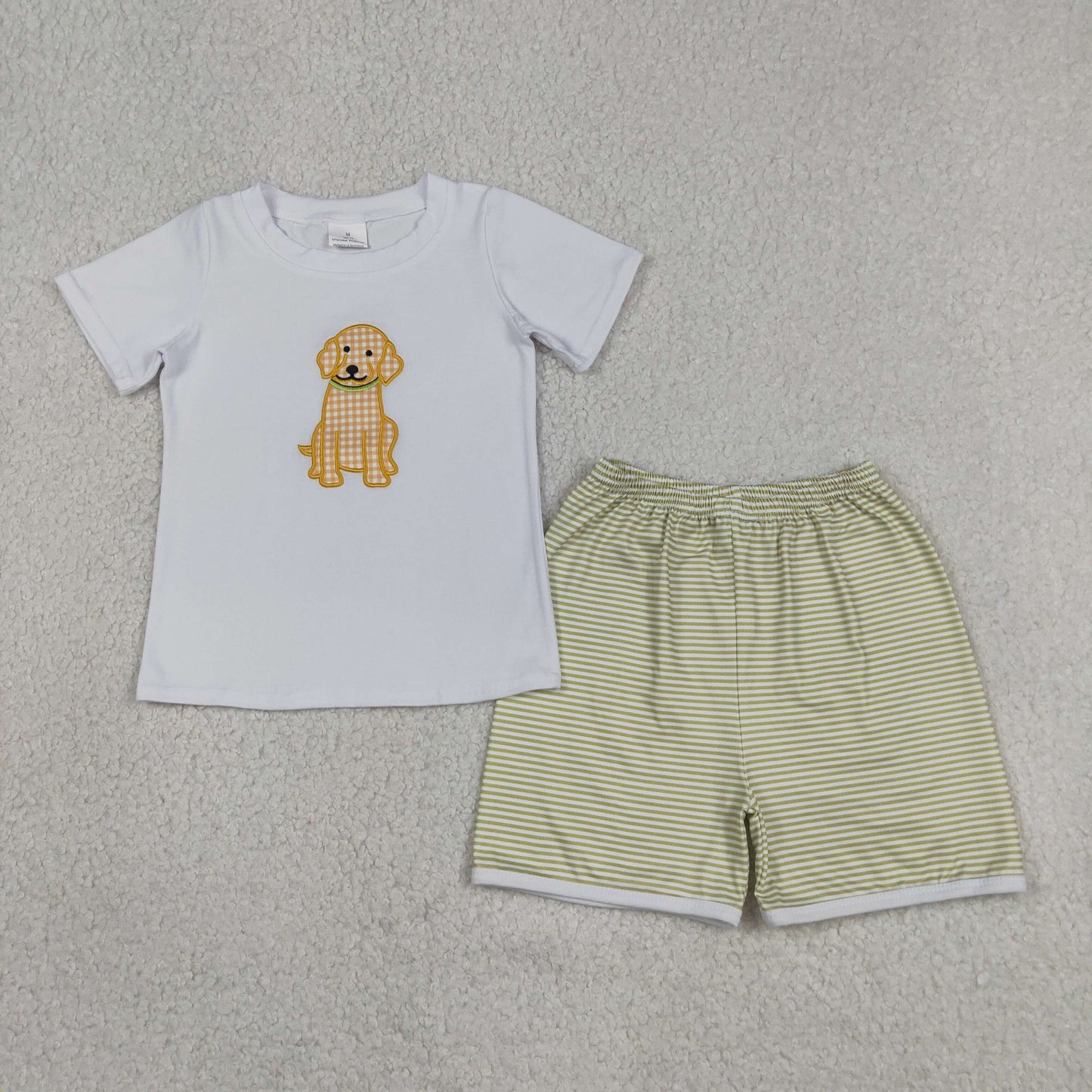 BSSO2002 Dog White Short Sleeve Green Shorts Boys Set