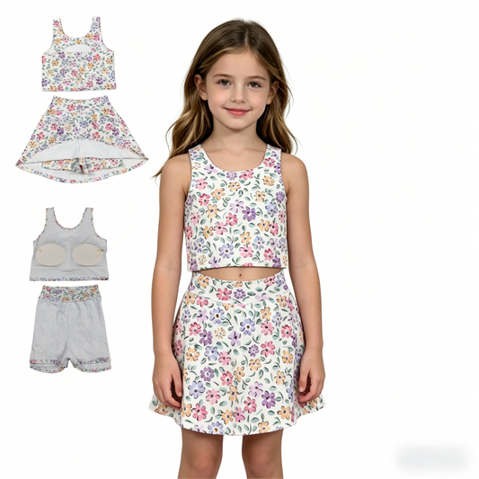GSD3838 Yoga Flowers Floral Sleeveless Skorts Girls Set