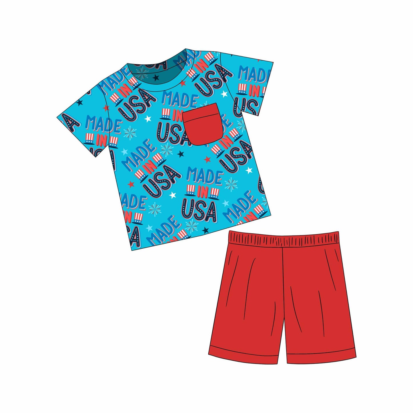 custom July 4th made USA pocket blue short sleeve red shorts boys set