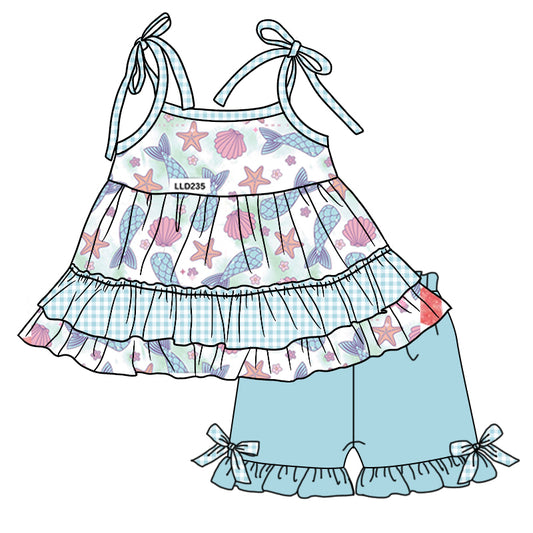 Custom Moq 3 Cute Sea Mermaid Shell Lace-up Blue Shorts Girls Set