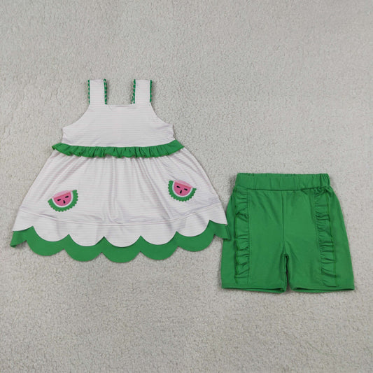 Embroidery GSSO3164 Watermelon Pink Striped Sleeveless Green Shorts Girls Set