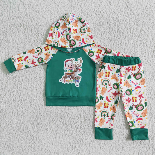 promotion 9.4 6 B6-39 Christmas cartoon green hoodie boys set