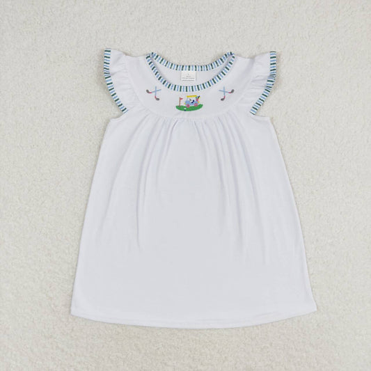 GSD0842 embroidery Golf car flutter sleeve white girls dress