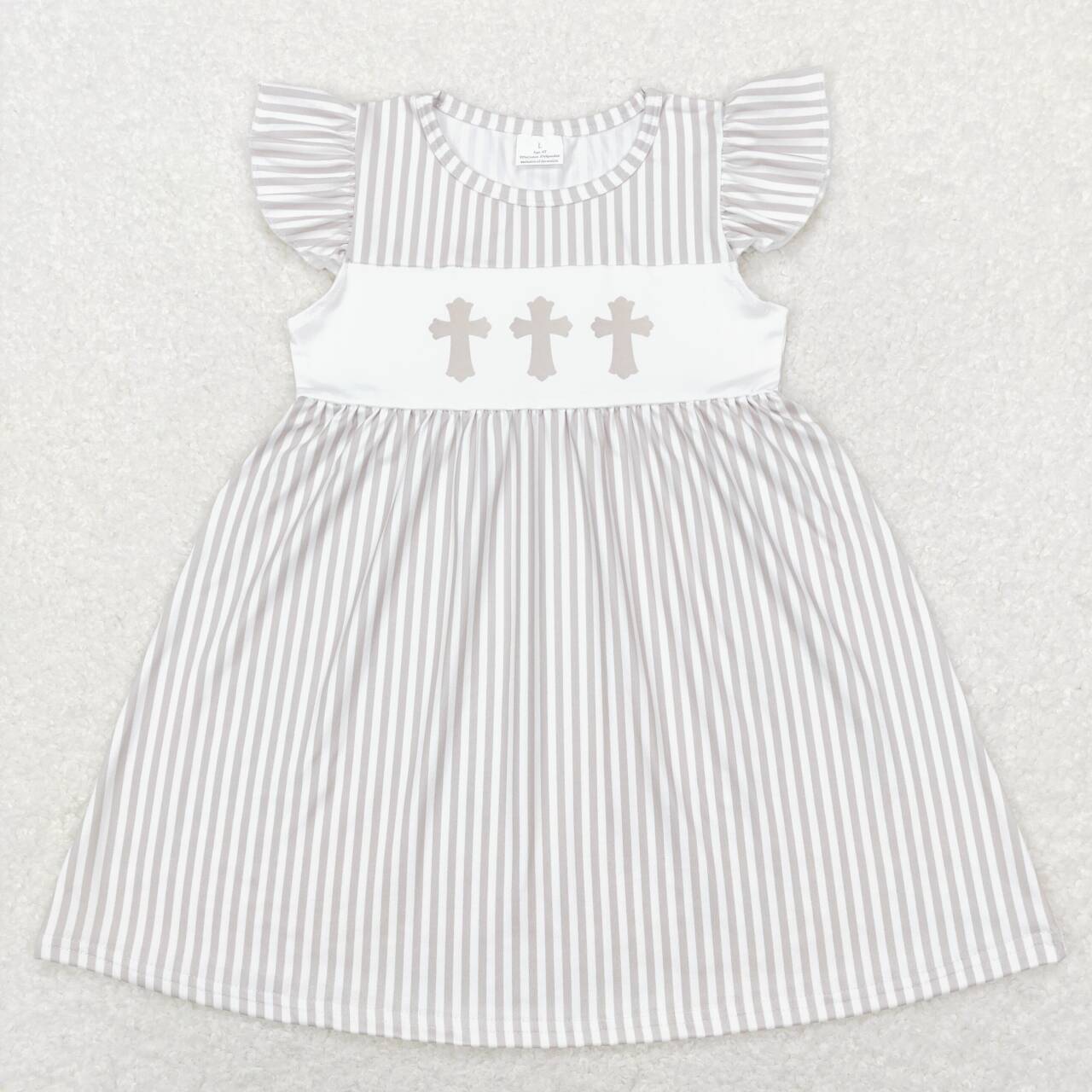 GSD0568 Easter cross khaki striped flutter sleeve girls dress