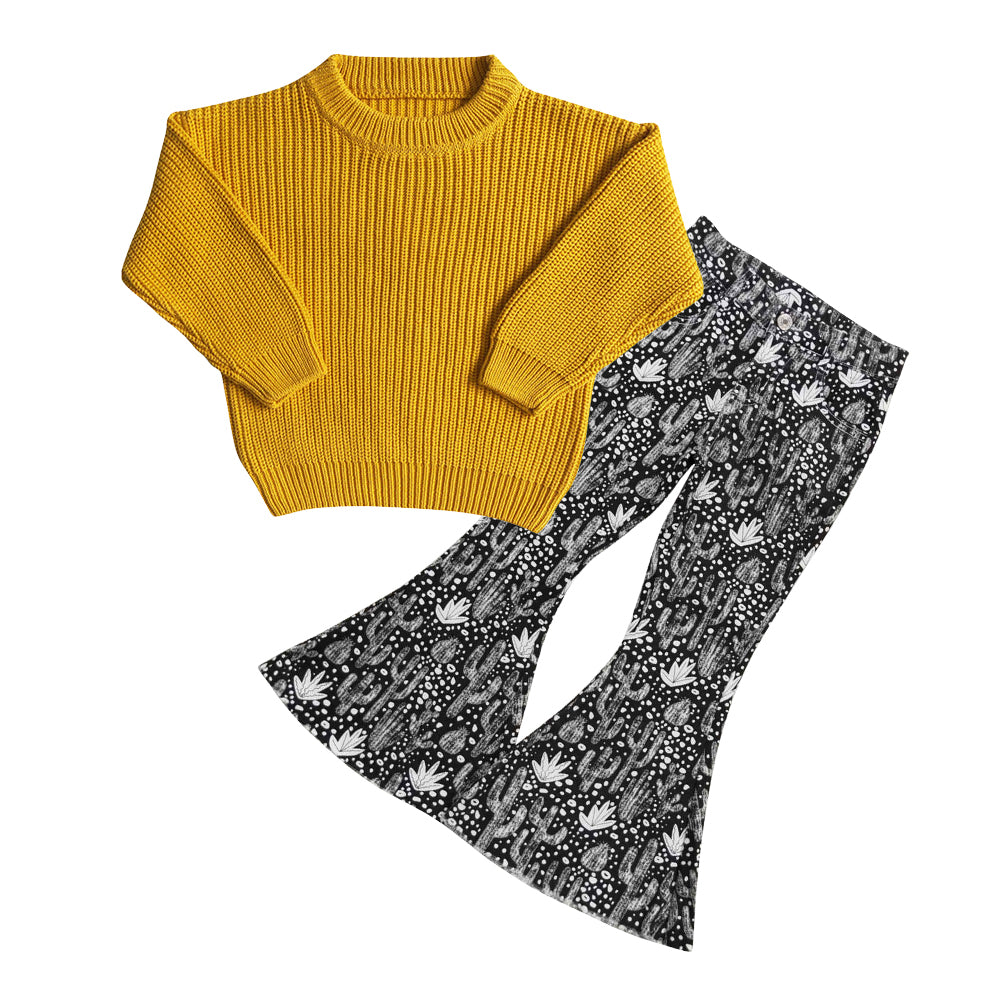 GLP0836 Yellow sweater long sleeve cactus black denim pants girls set