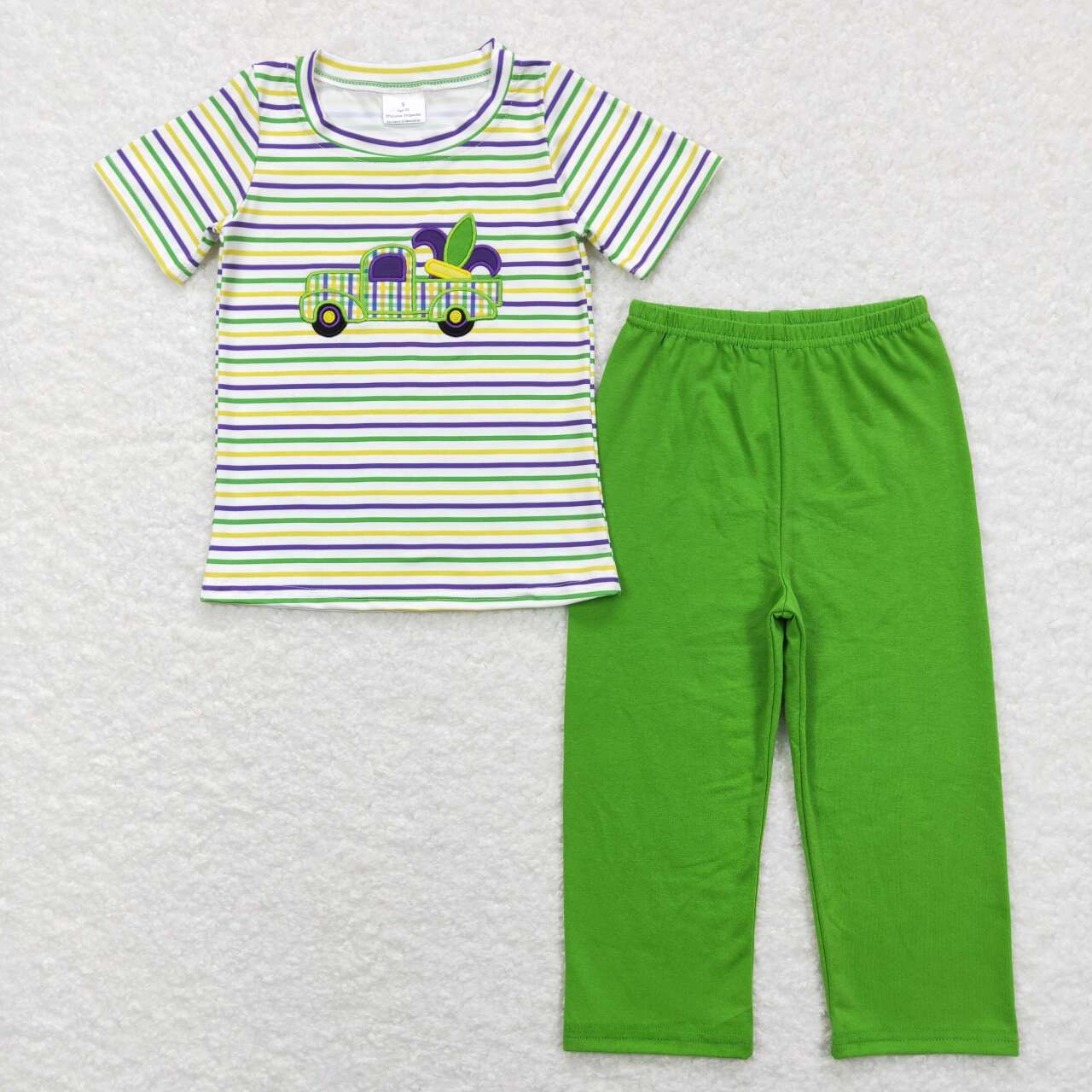 BSPO0215 Mardi gras truck striped short sleeve green pants boys set