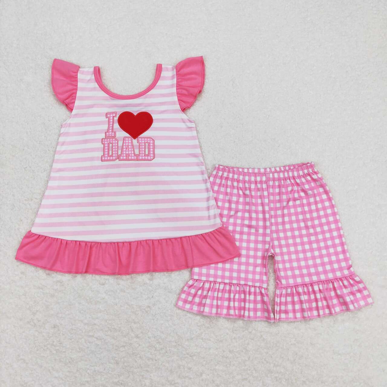 GSSO0563 embroidery I Love Dad Heart Hot Pink Flutter Sleeve Pink Checkered Shorts Girls Set
