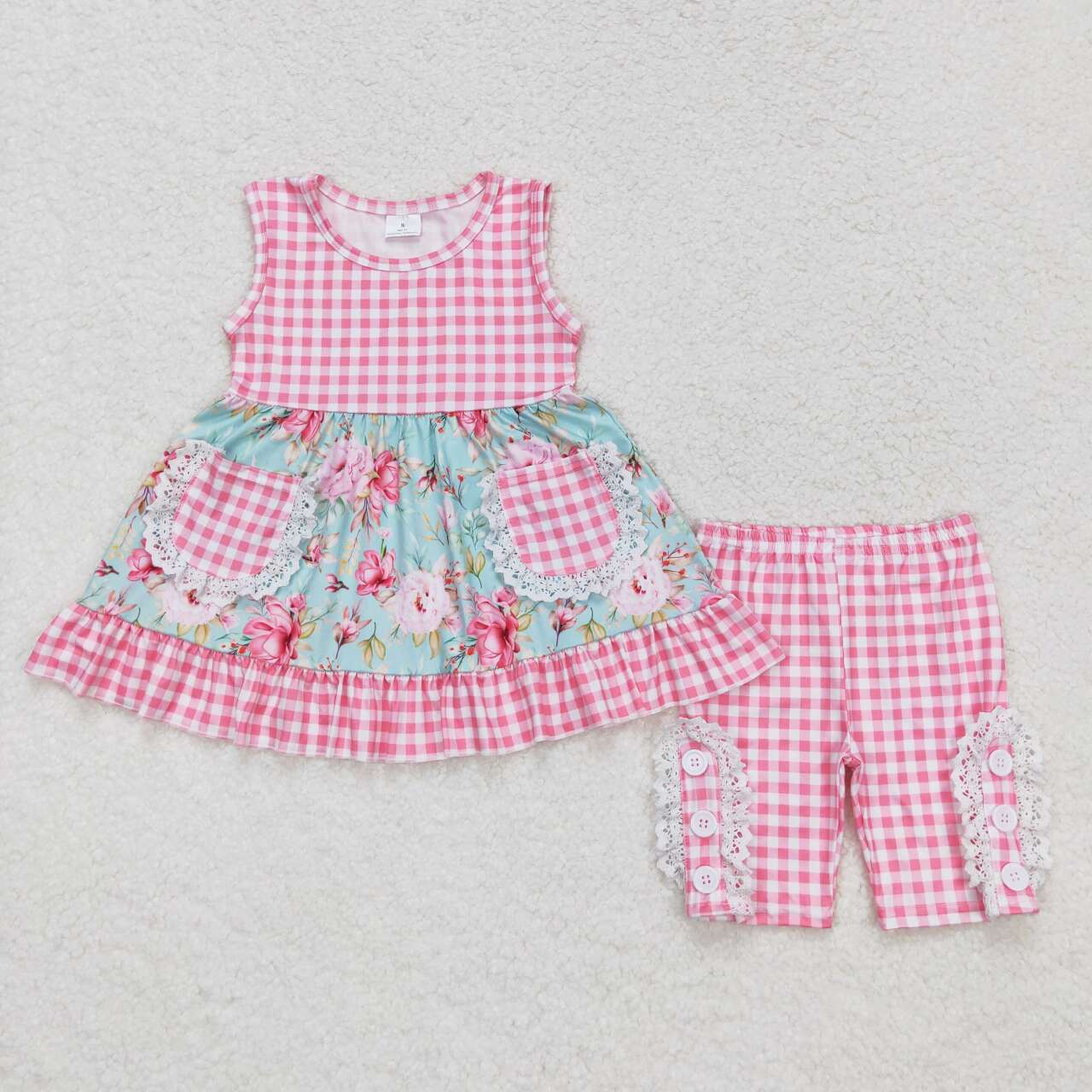 GSSO0851 colorful flowers pink checkered pockets sleeveless pants girls set