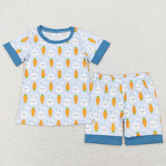 BSSO0357 Easter rabbit carrot blue short sleeve shorts boys set