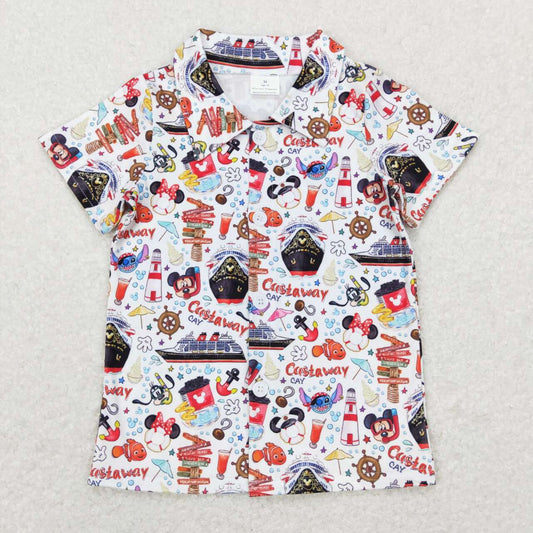 BT0490 Cartoon boat fish boys short sleeve top