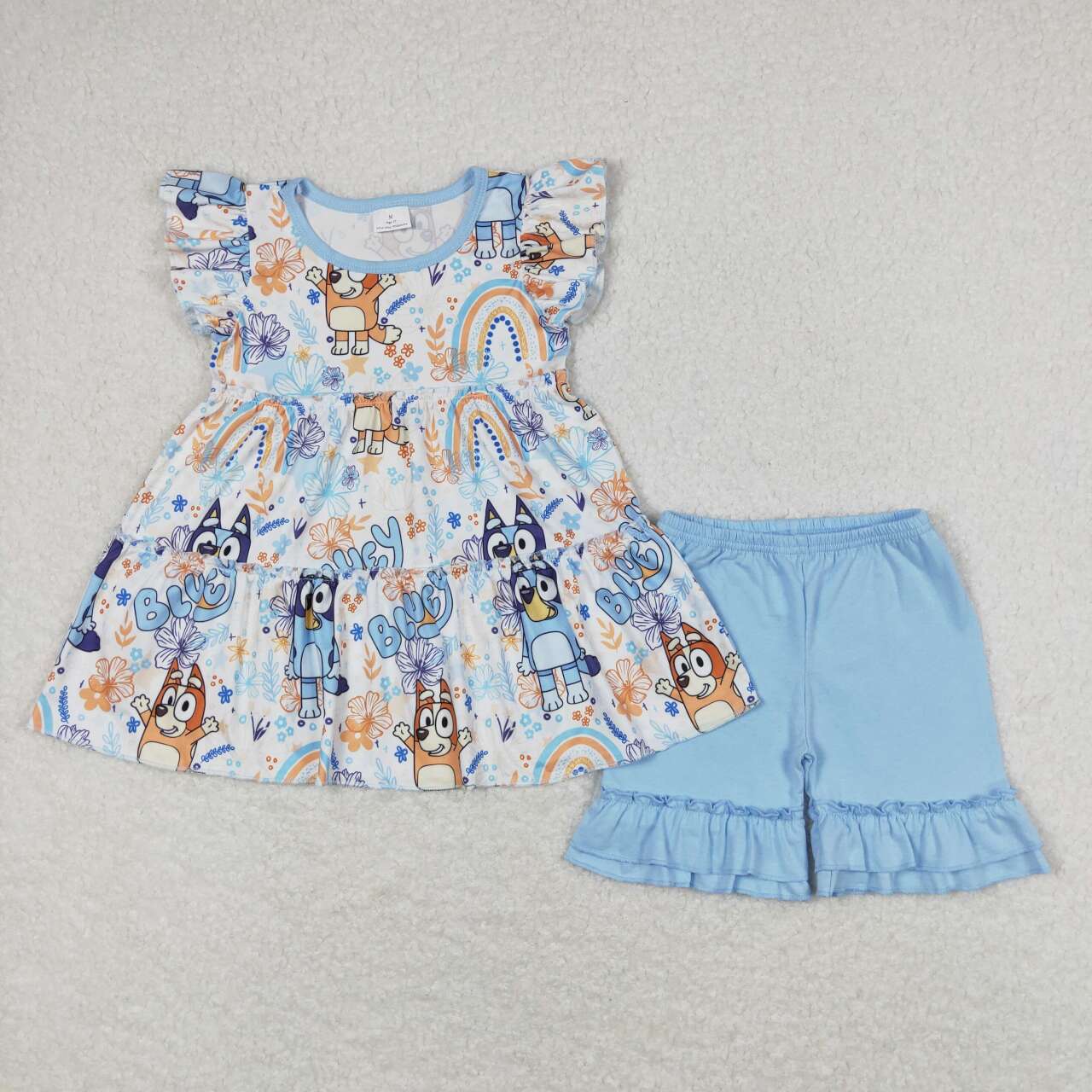 GSSO0635 Cartoon blue dog flowers flutter sleeve blue ruffles shorts girls set