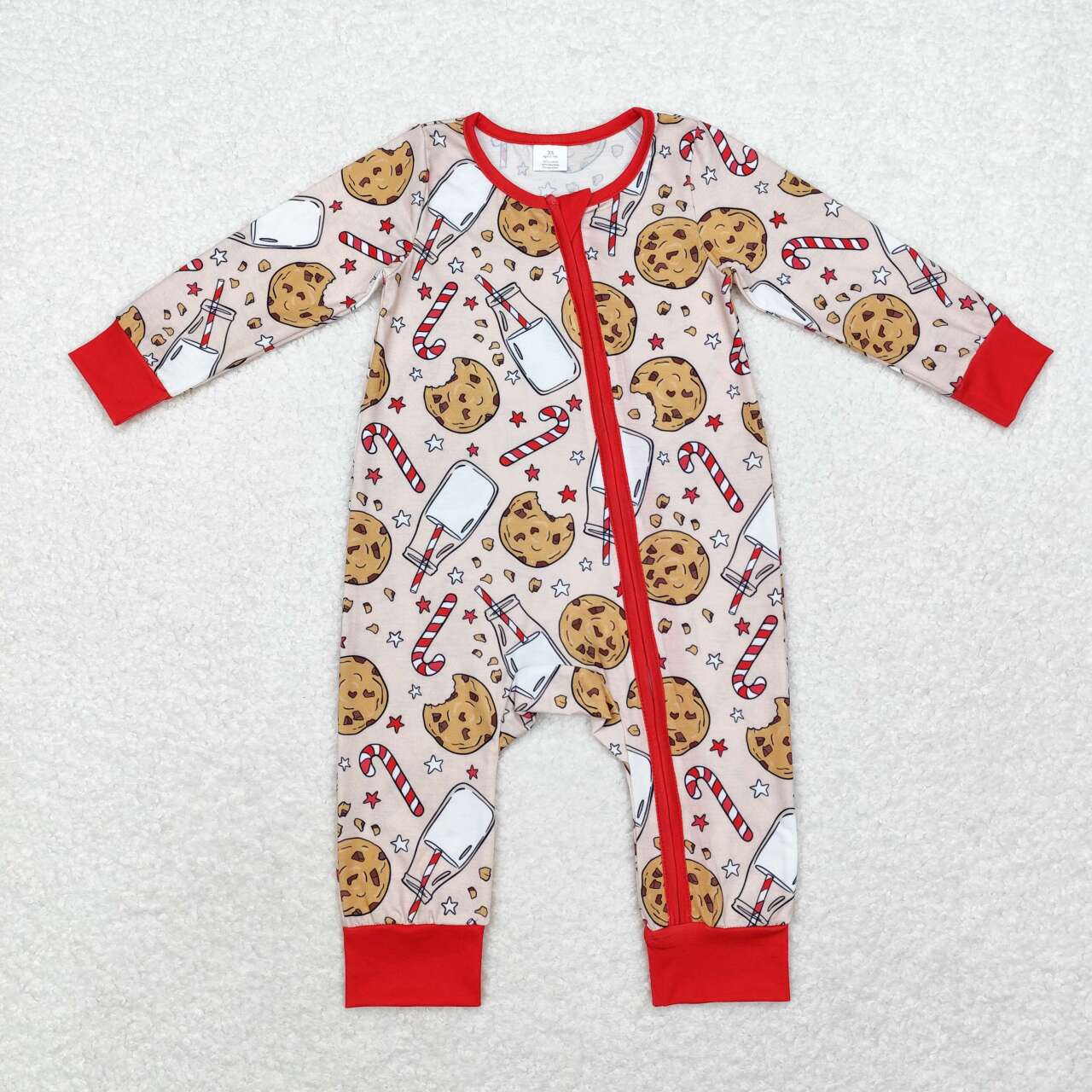 bamboo LR1426 Christmas cane candy cookie milk silk red long sleeve zipper boys romper