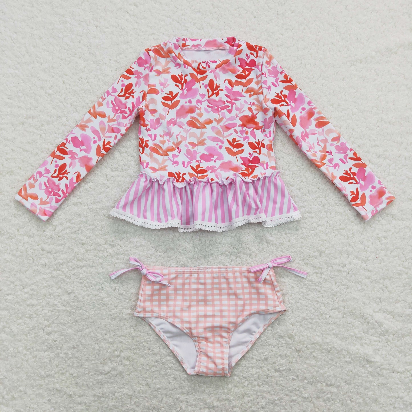 S0166 colorful flowers pink checkered long sleeve girls swimsuits