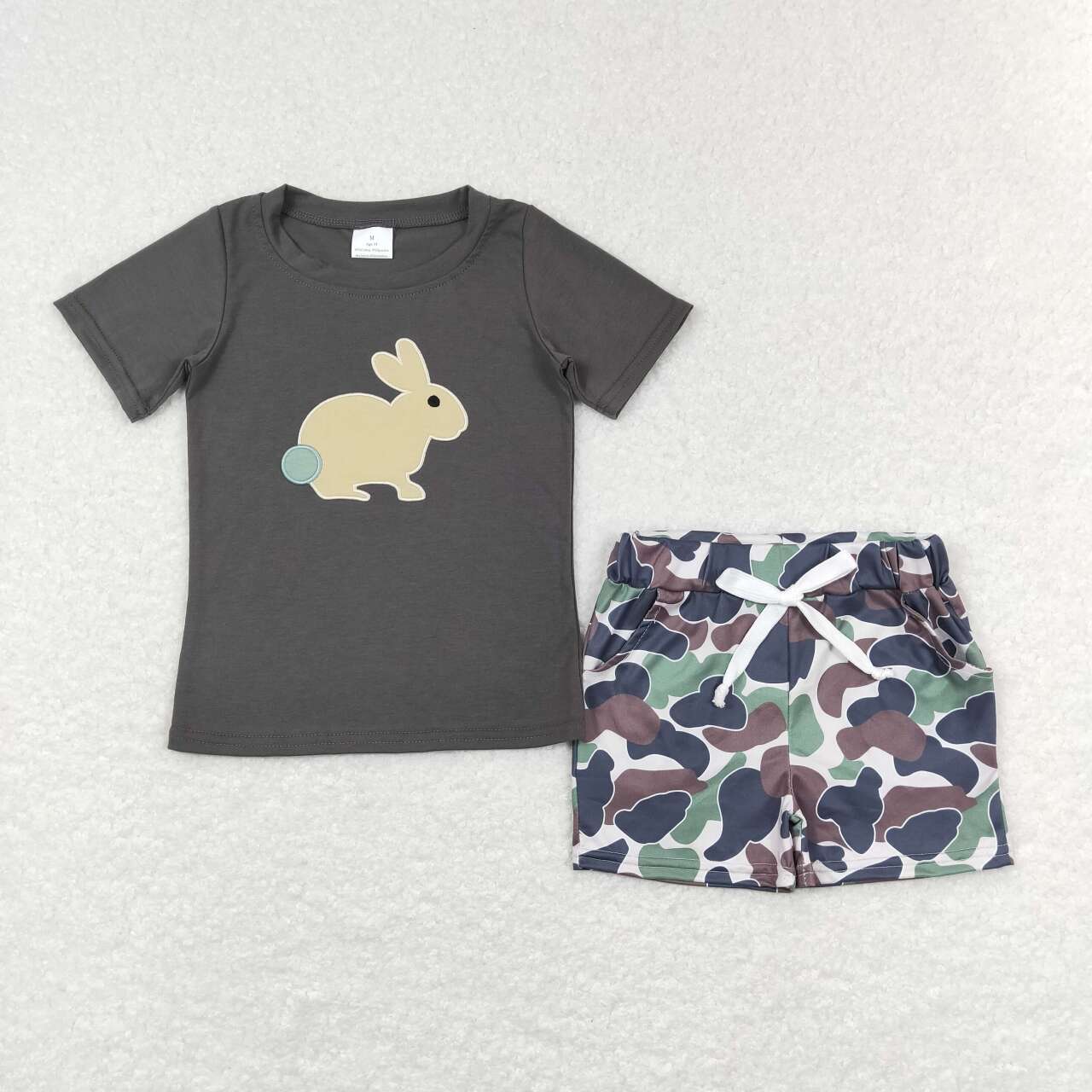 BSSO0401 Rabbit grey short sleeve camo green shorts boys set